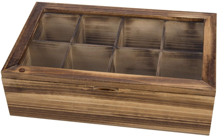 Burnt Wood Tea Bag Storage Box with 8-Compartments, Clear Display Lid, and Magnetic Closure-MyGift