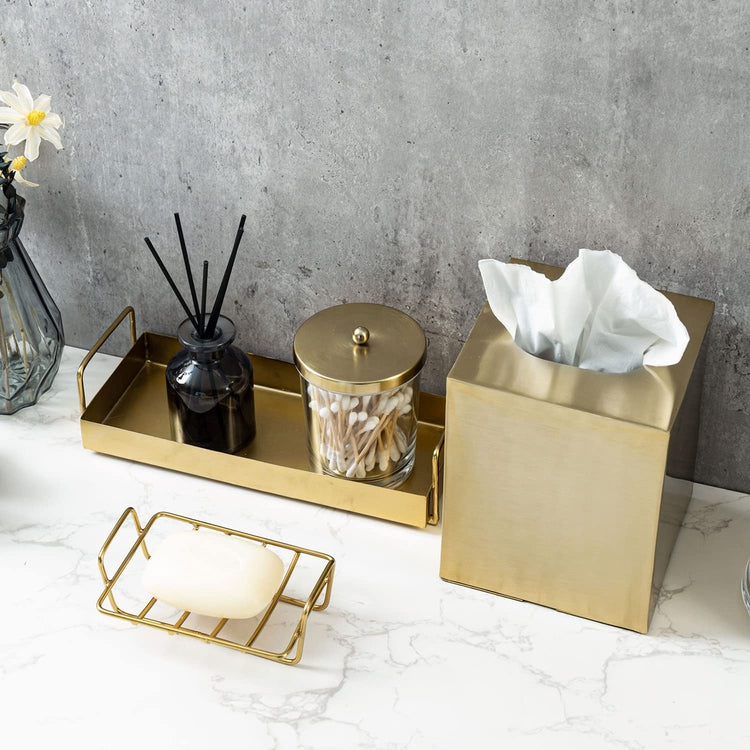 4 Pc Bathroom Accessories Set, Brass Tone Vanity Combo with Tissue Box Cover, Soap Dish, Clear Glass Jar, Vanity Tray