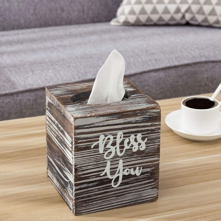 Brown Torched Wood ‘Bless You’ Decorative Square Tissue Box Holder Cover-MyGift