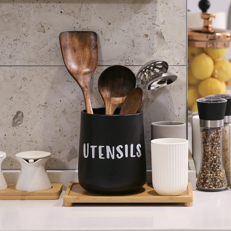 Matte Black Ceramic Kitchen Crock Cooking Utensil Holder with White UTENSILS Stenciled Print