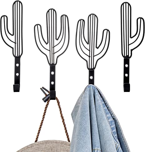 Saguaro Cactus Shaped Black Metal Wall Coat Hooks, Southwest Style Hanging Hooks, Set of 4-MyGift
