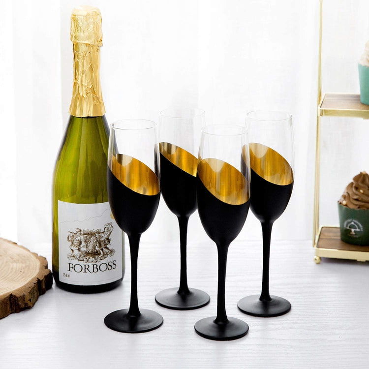Set of 4, Modern 8 oz Stemmed Champagne Flutes, Black and Gold Plated Drinking Glasses-MyGift