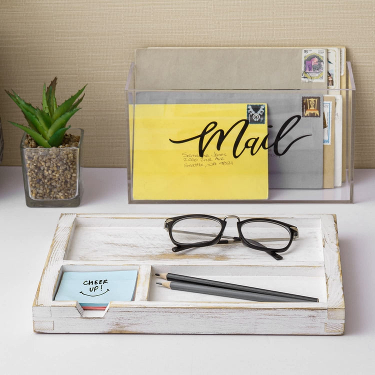 Clear Acrylic Mail Sorter Box with Cursive Decorative "Mail" Label and Burnt Wood Office Supplies Tray