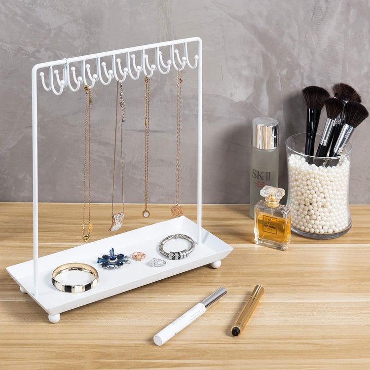 14 Inch 20-Hook White Metal Necklace Display Organizer with Ring Tray
