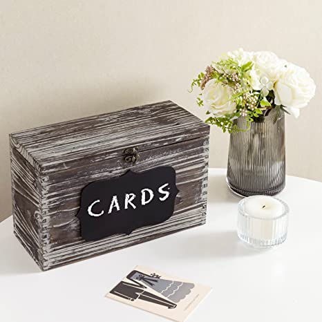 Torched Wood Wedding Card Box, Gift Card & Thank You Cards Holder with Slotted Lid, Latch and Chalkboard Label