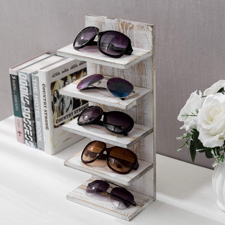 Whitewashed Wood Wall Mounted Sunglasses Holder, Retail Eyewear Display Shelf-MyGift