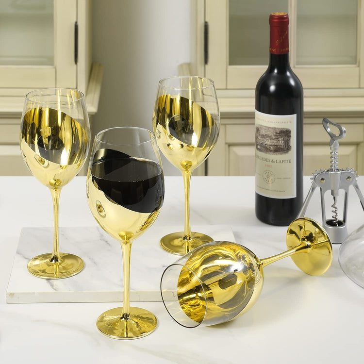 14 oz Modern Tilted Design Brass Stemmed Wine Glasses, Set of 4