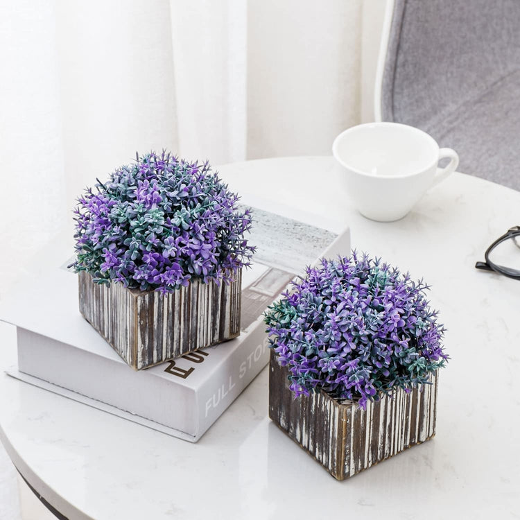 Set of 2, Artificial Verbena Officinalis Purple Flower Arrangement in Torched Wood Square Planters-MyGift