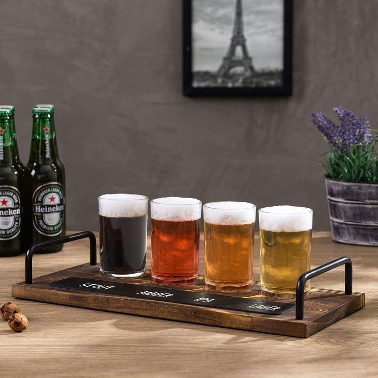 Burnt Wood and Black Metal Wire Beer Flight Server with 4 Glasses, Serving Tray and Chalkboard Label-MyGift