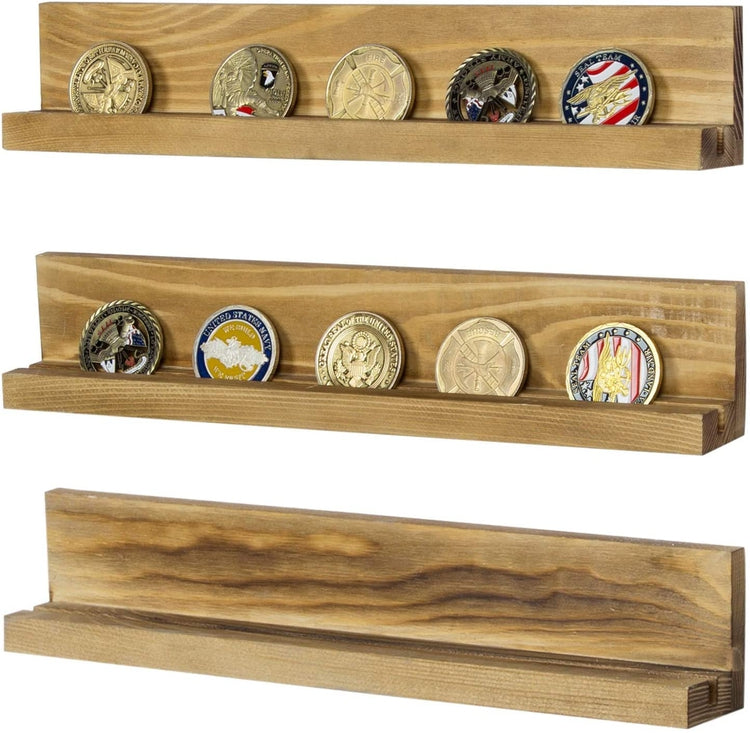 Set of 3, Brown Burnt Wood Challenge Coin Holder, Casino Chip Display Wall Shelf Rack-MyGift