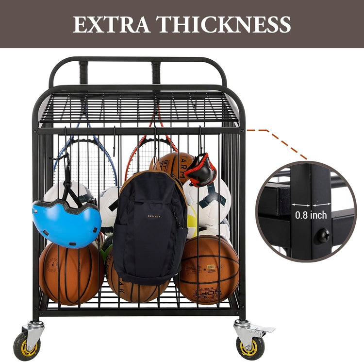 Black Metal Rolling Sports Ball Cage Storage Hopper, Gym Equipment Basket Cart with Lockable Latch, Wheels, and Hooks-MyGift