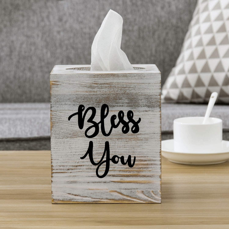Whitewashed Wood Square Bless You Tissue Box Cover