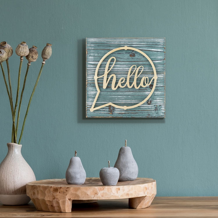 Distressed Weathered Green Wood and Brass Metal Wall Mounted "hello" Letter Sign Hanging Entryway Decoration-MyGift