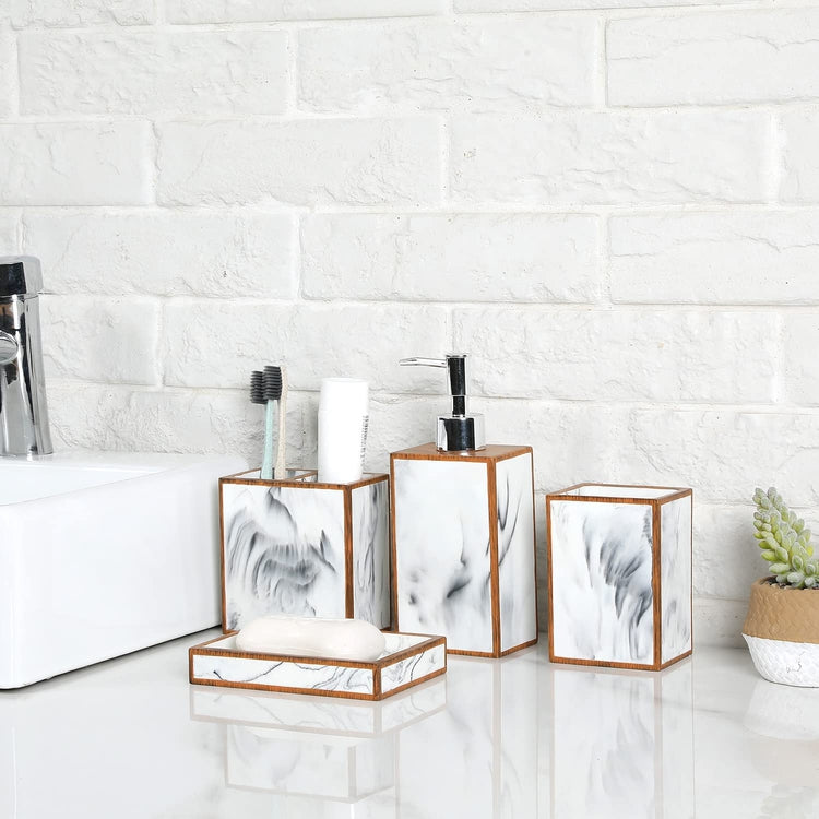 Marble Style, Dark Wood Rectangular Bathroom Accessories Set with Pump Dispenser, Tumbler, Toothbrush Holder, Soap Dish