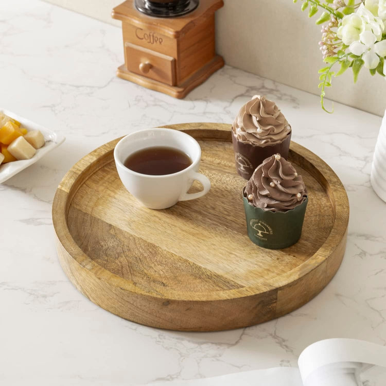 11 Inch Mango Wood Round Vanity Tray, Serving Platter, Centerpiece Display for Dining, Console, and Coffee Tables