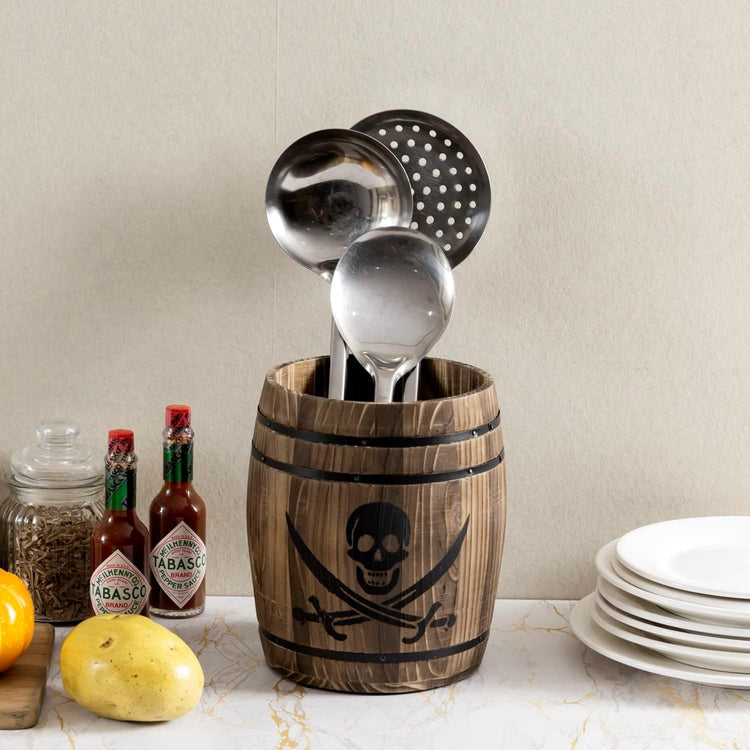 Burnt Wood Pirates Rum Cask Utensil Crock, French Wine Barrel Cooking Tool Holder with Skull and Cutlass Sword Design