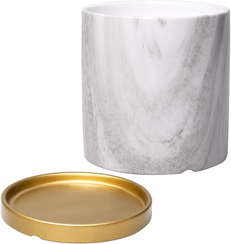 White and Gray, 6-inch Ceramic Marbled Cylindrical Planter Pot with Round Gold Tray-MyGift