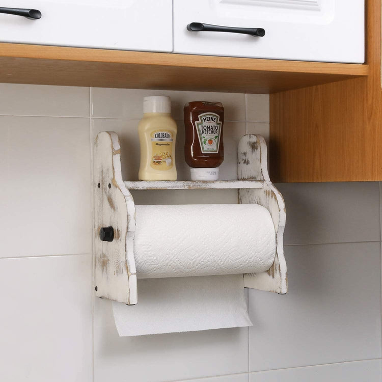 Whitewashed Wood and Black Metal Pipe Paper Towel Holder, Wall Mounted or Freestanding with Shelf-MyGift