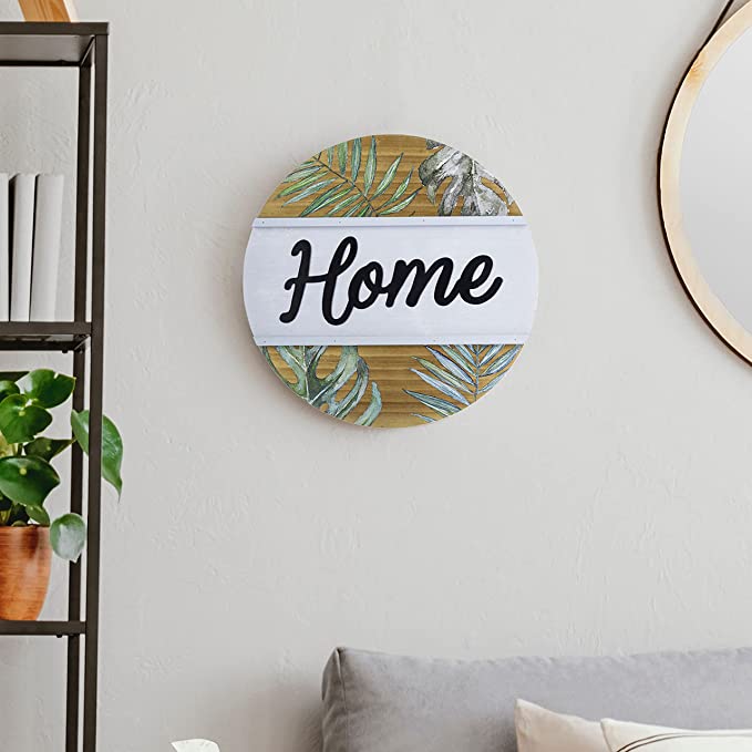 Shabby Chic Round Wooden Wall Hanging HOME Sign with Palm Leaf and Fern Design