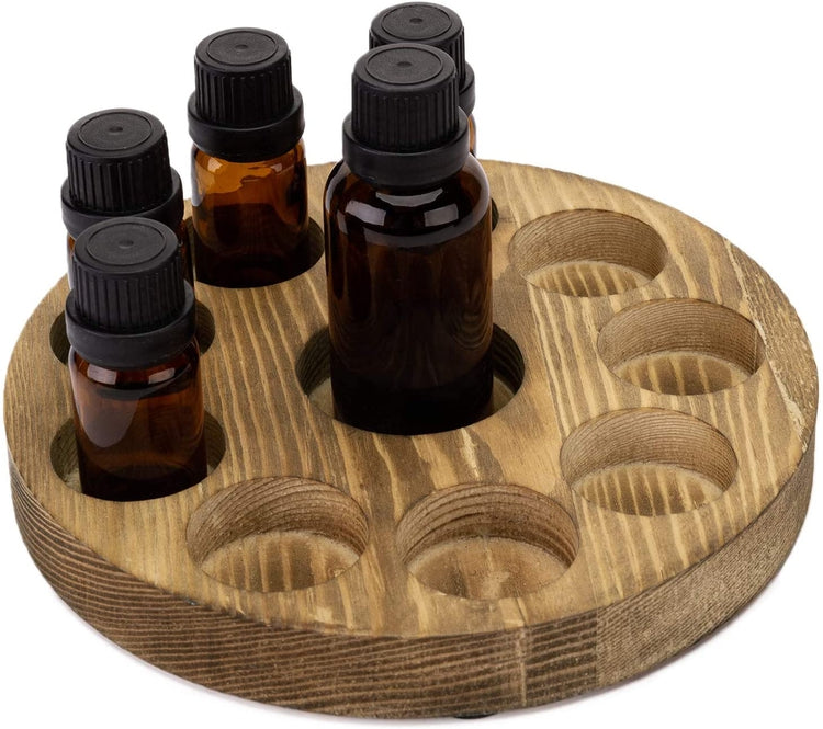 10-Slot Brown Wood Round Essential Oil Bottle Storage Display Rack-MyGift