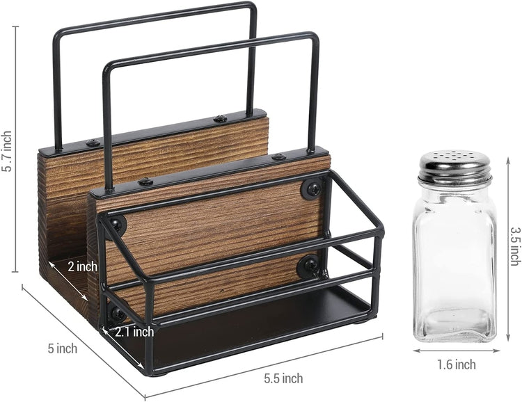 Burnt Wood and Industrial Black Metal Napkin Holder Rack with 3 Salt Pepper Spice Shakers-MyGift
