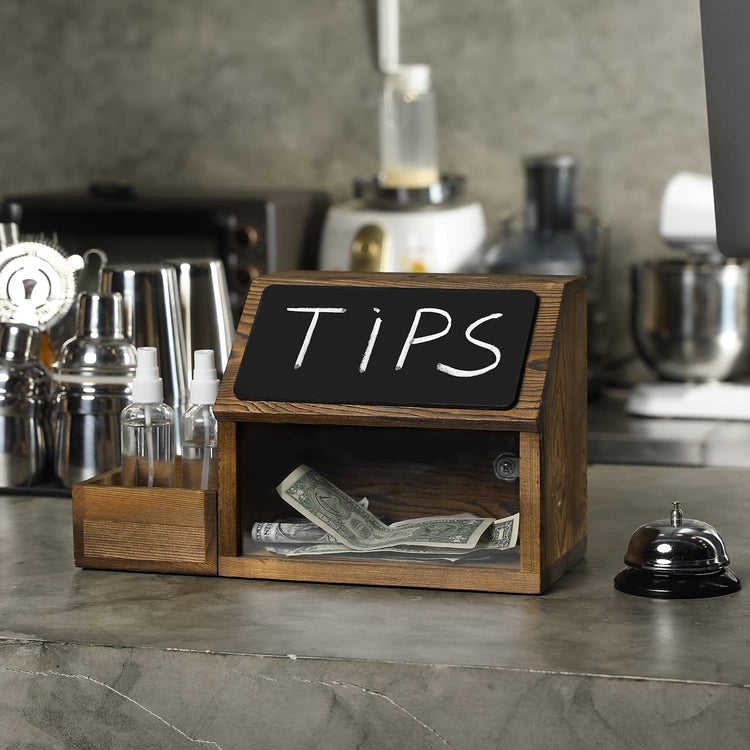 Burnt Wood Suggestion Box with Chalkboard, Clear Front Panel, Hand Sanitizer Tray, Restaurant Tip Box, Donation Box