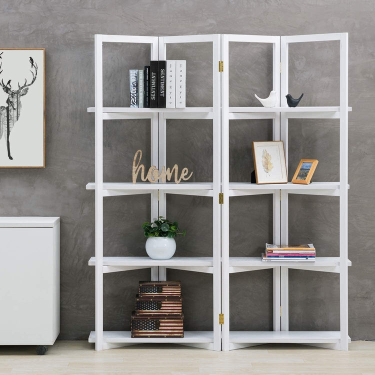 4-Panel Open Bookcase White Wood Room Divider with 4 Shelves