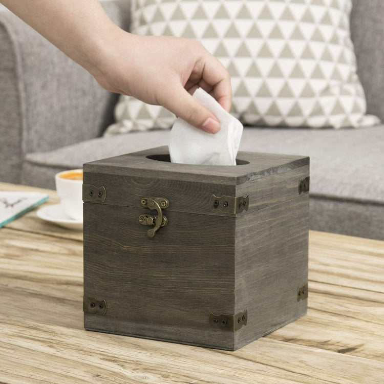 Vintage Gray Wood Square Facial Tissue Box Holder with Hinged Lid and Hook Latch-MyGift
