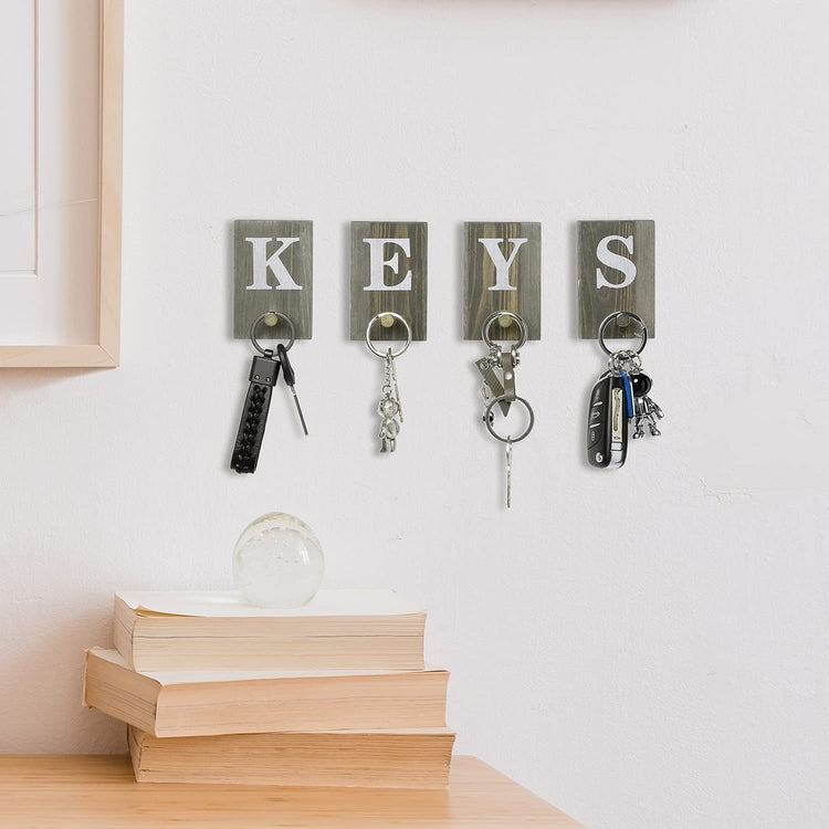 Gray Wood Wall Mounted Key Holder Rack, 4 Piece Block Panels with White  KEYS Letters and Peg Style Hooks