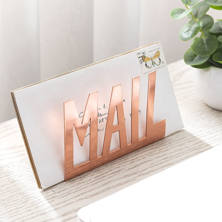 Rose Gold Metal Mail Sorter, Desktop Letter Holder with MAIL Cutout Design-MyGift