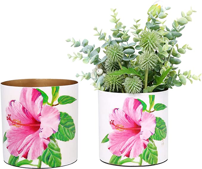 Metal Plant Pot with Glossy Hibiscus Print Pattern and Brass Interior, Colorful Flower Pot and Succulent Planter Container, Set of 2-MyGift