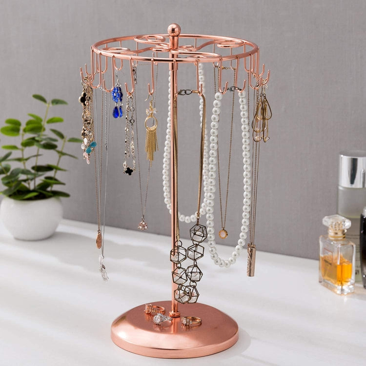 Copper 14-Inch Scrollwork Necklace Holder Rack with Rotating Carousel and 24 Hooks