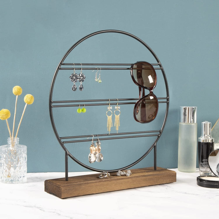 Black Metal Large Circular Earring Holder Organizer Rack with Burnt Wood Base