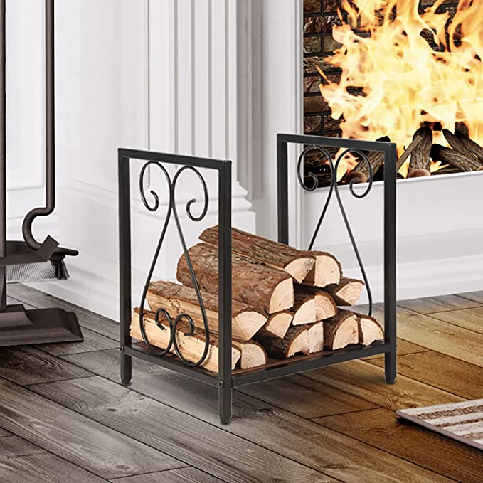 Firewood Rack Fireplace Log Holder, Matte Black Metal & Burnt Solid Wood Freestanding Stacking Lumber Stand