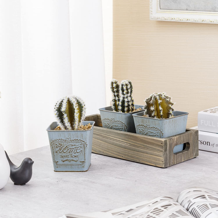 Artificial Plant Display, Mini Assorted Faux Cactus, Indoor Fake House Plants in Tin Bucket Planter, Gray Wood Crates-MyGift