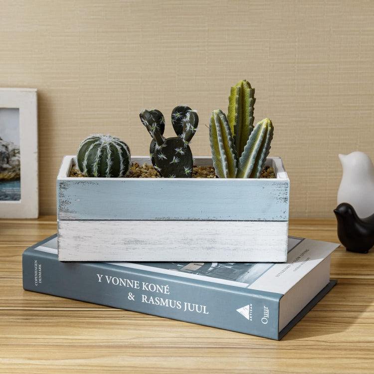 Artificial Mini Cactus Plants in Mixed Color Blue and White Wood Planter, Wall Mounted Rectangular Box-MyGift