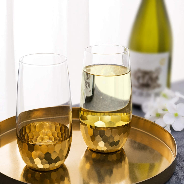 Modern Stemless Wine Flute Glasses w/ Hammered Brass Plated Design, Set of 4