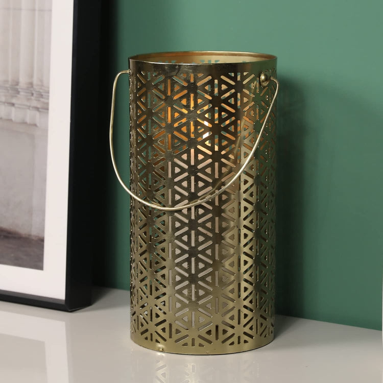 Retro Style Art Deco Geometric Cutout Pattern Brass Tone Metal Pillar Candle Holder with Handle-MyGift