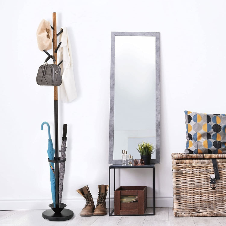 6-Hook Wood Grain and Black Metal Entryway Freestanding Coat Rack Stand Tree with Umbrella Holder-MyGift
