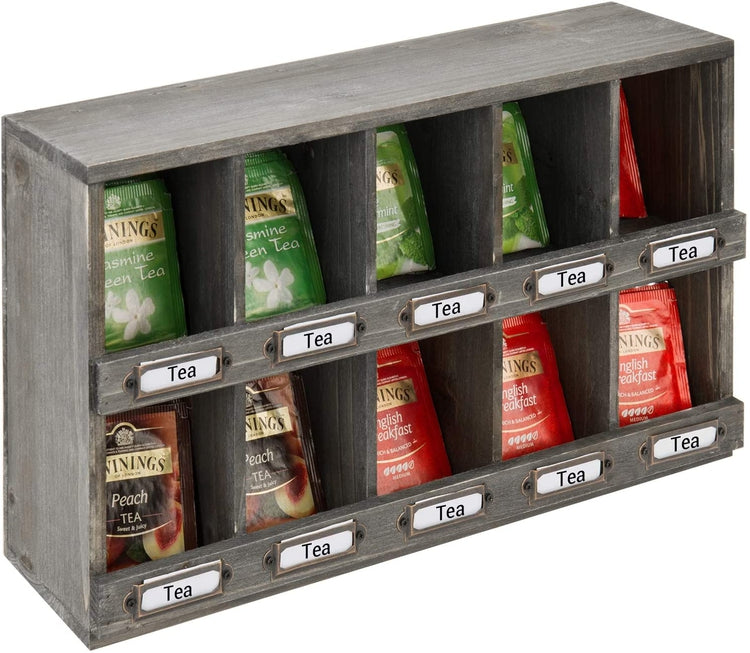 Gray Reclaimed Style Wood, Wall Mounted Tea Bag Storage Box with Vintage Label Holders-MyGift