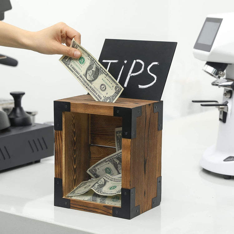 Torched Wood Suggestion Box, Donation and Tip Box with Key, Window Panel and Interchangeable Chalkboard and Sign Holder