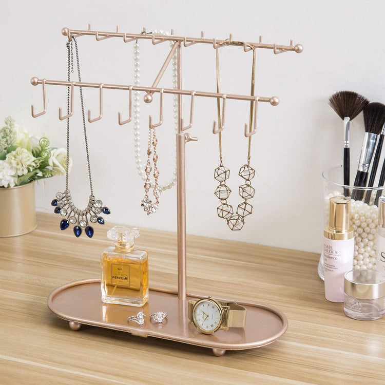 15-Inch Rose Gold-Tone Metal, Adjustable Height 24 Hook Jewelry Organizer with Ring Tray-MyGift