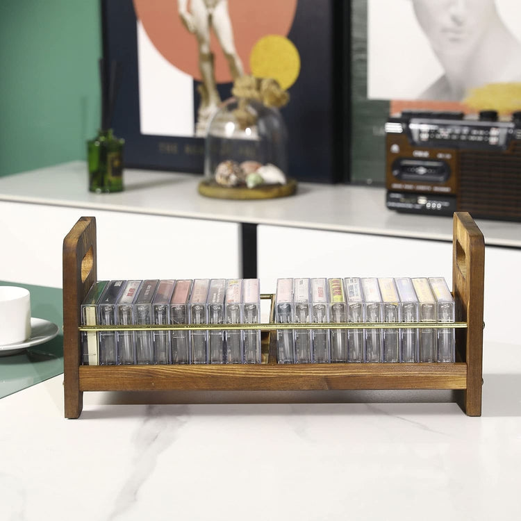 Retro Cassette Tape Holder Storage Rack with Burnt Wood Finish and Brass Metal Wire Frame