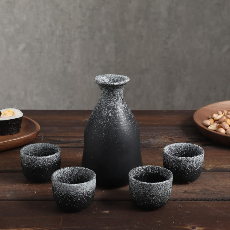 Granite Stone Pattern Black Ceramic Japanese Style Sake Serving Set with Sake Bottle Server Carafe and 4 Shot Glass Cups