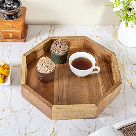 12 Inch Acacia Wood Octagonal Serving Tray, Octagon Shaped Coffee Table Tray with Cutout Handles