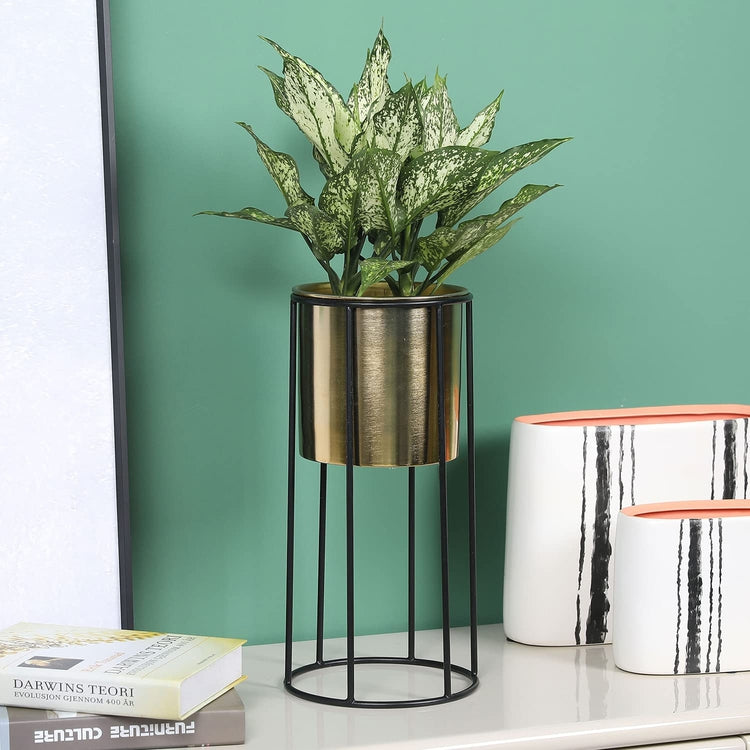 6 inch Round Modern Brass Tone Metal Flower Planter Pot with Industrial Black Metal Wire Display Stand