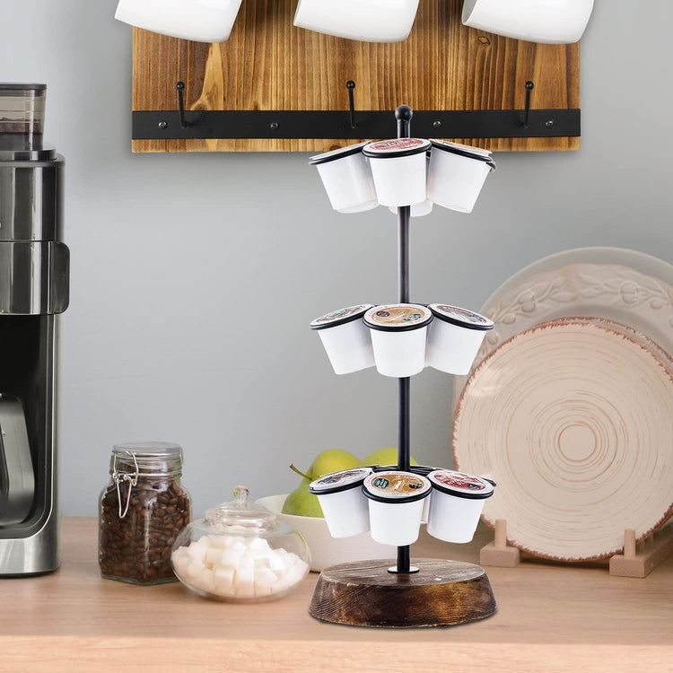 Round Tabletop Coffee Pod Holder, Wood and Black Metal Wire Coffee Station Organizer Stand, Holds 18 Pod Cups