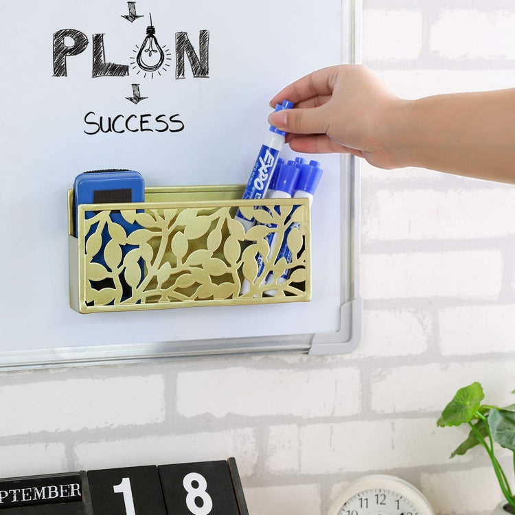 Magnetic Floral Pattern Brass Metal Dry Erase Whiteboard Marker Holder / Basket Organizer