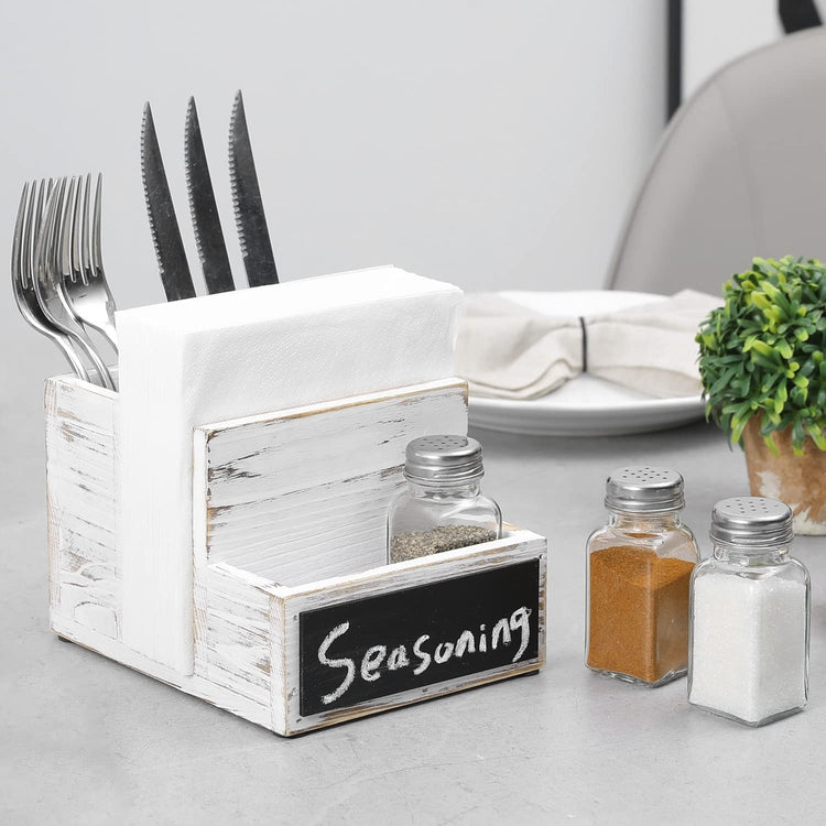 All-in-one Whitewashed Wood Condiment Serving Caddy with Napkin Holder, Utensil Organizer, 3 Salt & Pepper Shakers and Chalkboard Surface-MyGift