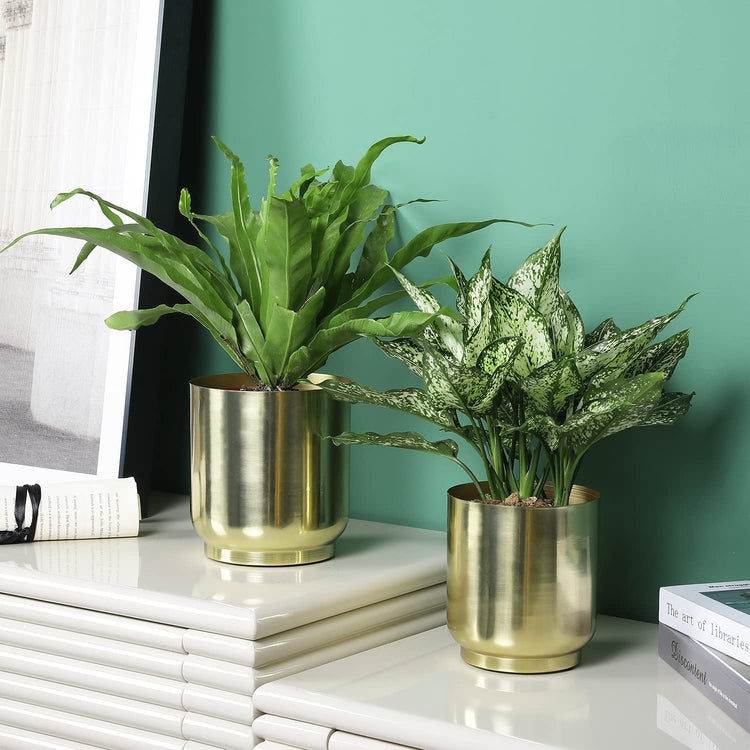 Metal Round Shiny Brass Planter, Set of 2